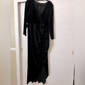 Black velvet maxi dress (looks grey in photos) with thigh slit and long sleeves.